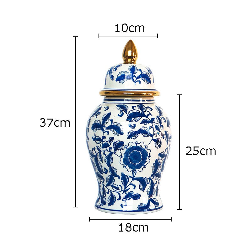 Gold Plated Blue and White Porcelain Ginger Jar with Lids Ceramic General Jars Retro Tea Caddy Floral Vases Desk Decoration - Provence Home Living Store