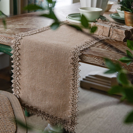 Natural Burlap Table Runner with Jute Lace Vintage Farmhouse Tabletop Hallway Boho Decor for Wedding Parties Everyday Decor - Provence Home Living Store