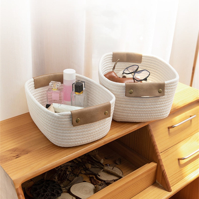 Cotton Rope Woven Storage Basket With Handle Kids Toys Snacks Sundries Organizer Desktop Storage Box Household Laundry Baskets - Provence Home Living Store