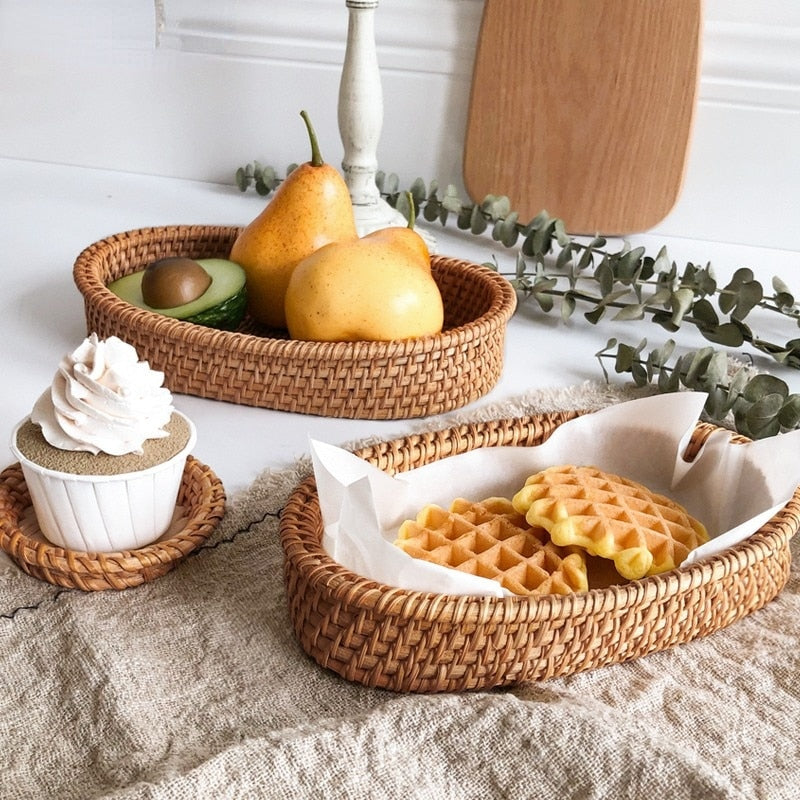 Rattan Handmade Real Rattan Fruit Basket Snack Bread Basket Tray Living Room Snacks Sundries Storage Basket Fruit Tray - Provence Home Living Store