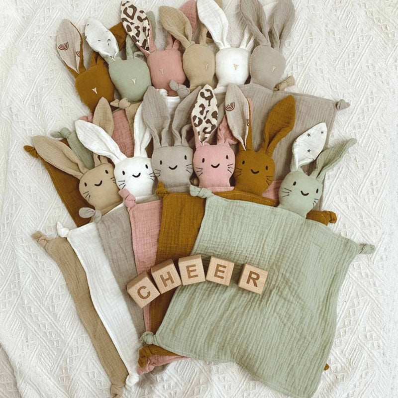 Soft Cotton Muslin Baby Bib Stuffed Rabbit Doll Newborn Appease Towel Security Blanket Baby Sleeping Cuddling Towel Facecloth - Provence Home Living Store