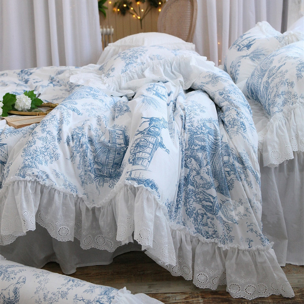 Super Luxury bed set queen size Big lace ruffle designer bedding set Floral bed cotton linen Western Europe bedding sets gift - Provence Home Living Store