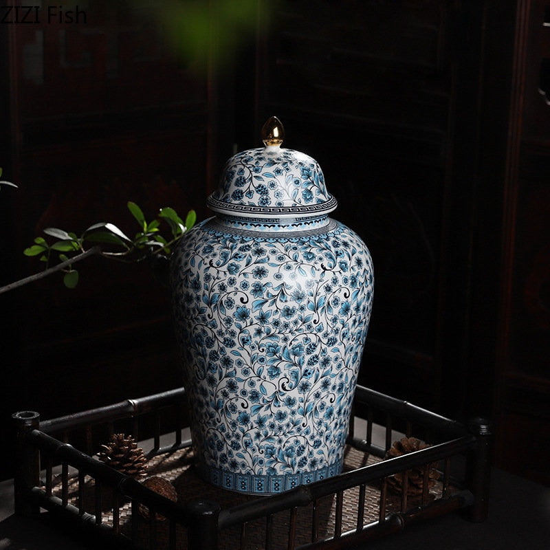 Blue and White Enamel Ceramic General Jar Sealed Ginger Jar Tea Canister Desk Decoration Flower Texture Jewelry Boxes Candy Pots - Provence Home Living Store