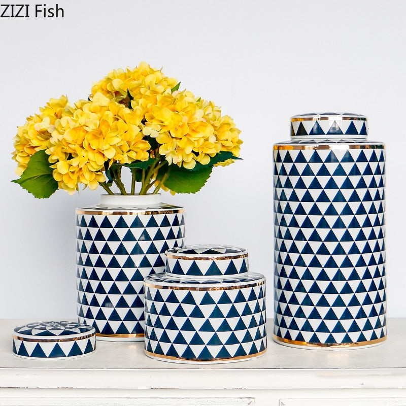 Geometric Ceramic Storage with Lid Modern Creative Vase Home Decoration Living Room Desktop Small Objects Candy Storage Jar New - Provence Home Living Store