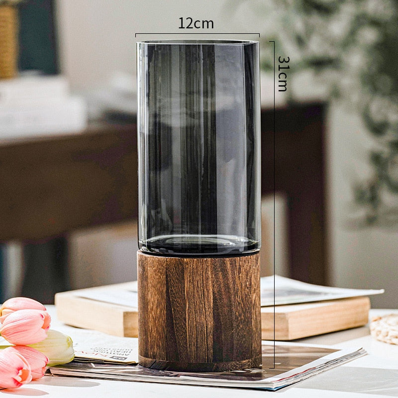 Glass Flower Vase Wooden Support European Creative Transparent Hydroponic Vase Art Living Room Home Office Wedding Decoration - Provence Home Living Store