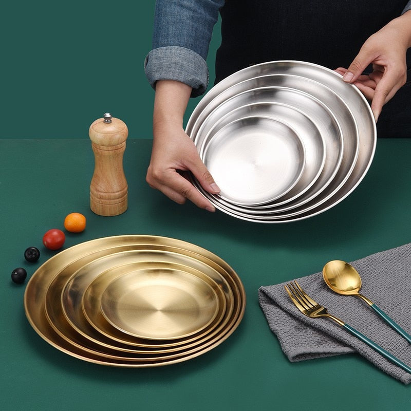 Stainless Steel Dinner Plates Restaurant Gold Serving Tray Round Dessert Cake Snack Dishes Silver Storage Plate Korean Cutlery - Provence Home Living Store