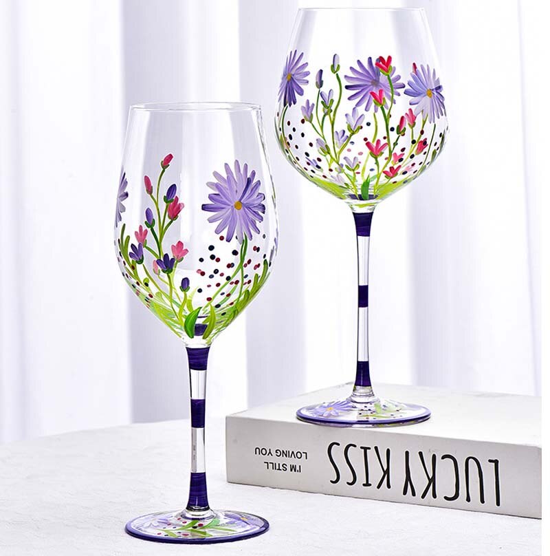 Creative Hand Painted Red Wine Glass Flower Pattern Wine Cup Cocktail Champagne Flutes Crystal Goblet Home Bar Wedding Drinkware - Provence Home Living Store