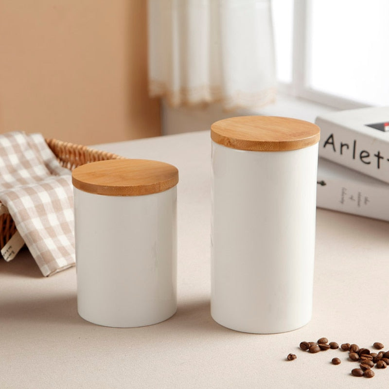 Simple White Ceramic Sealed Storage Jar with Wooden Lid Kitchen Food Container Coffee Grain Storage Jar Modern Home Decoration - Provence Home Living Store