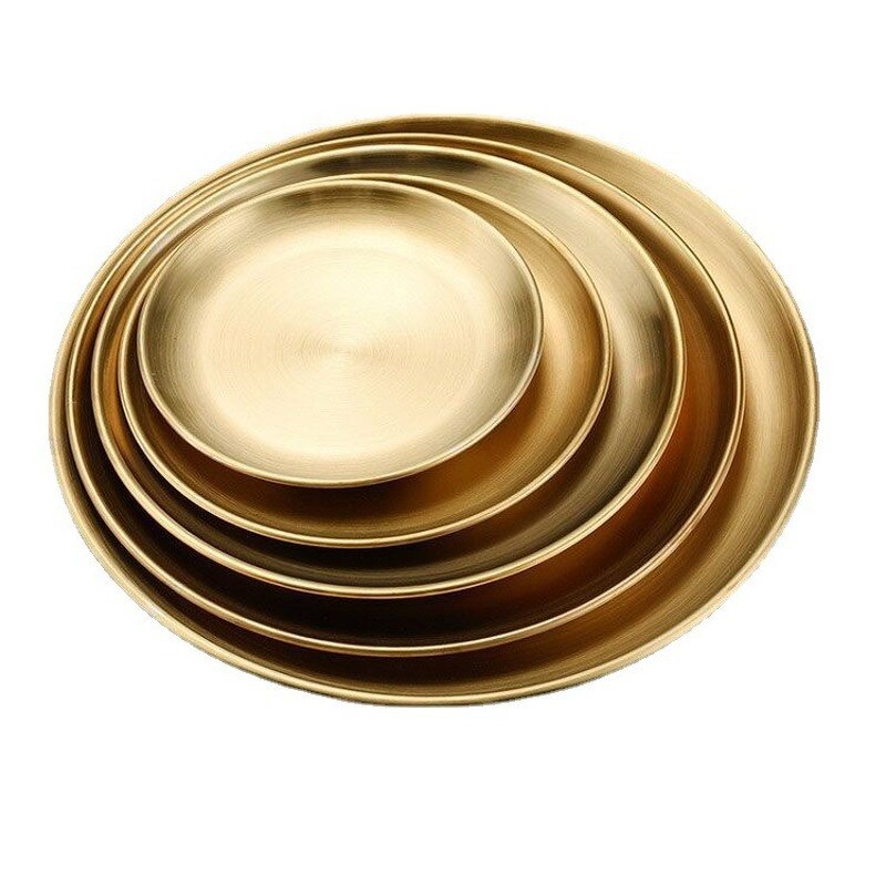 Stainless Steel Dinner Plates Restaurant Gold Serving Tray Round Dessert Cake Snack Dishes Silver Storage Plate Korean Cutlery - Provence Home Living Store