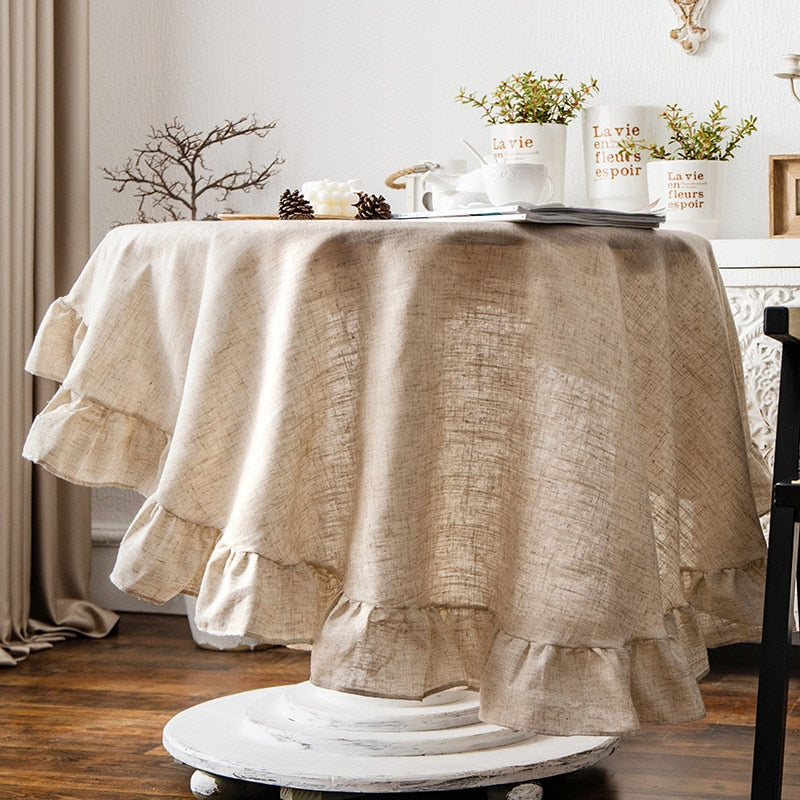 French Romantic Simple Ruffle Tablecloth Cotton Linen Table Cover American Round Tea Table Literary Retro Party Decoration - Provence Home Living Store