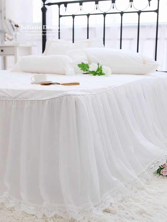 Super Romantic bed sheets double layers bed skirt White cotton bedspread with chiffon lace design mattress cover home bed linen - Provence Home Living Store