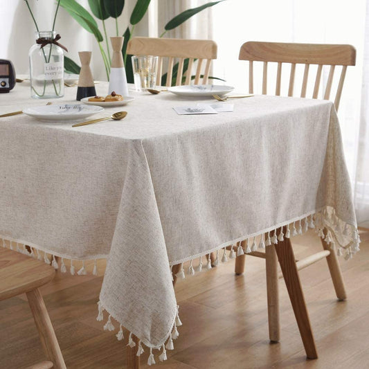 Cotton Linen Table Cloth Solid Color Tassel Dust-Proof Shrink-Proof Table Cover for Kitchen Dinning Picnic Tabletop Decor - Provence Home Living Store