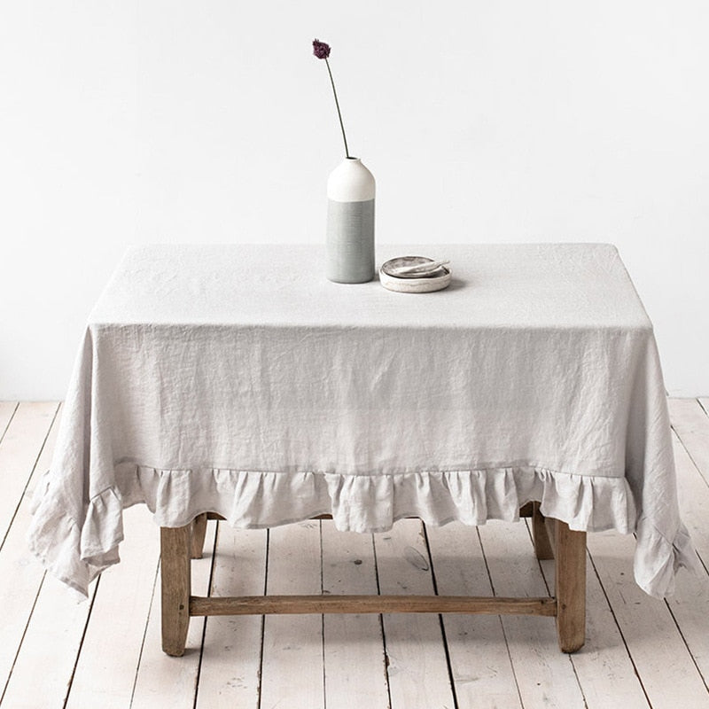 100% Pure Linen Ruffles Table Cover,Natural Fabric Flounce Tablecloth,for Kitchen Dining Party Holiday Fishtail Tabletop Decor - Provence Home Living Store