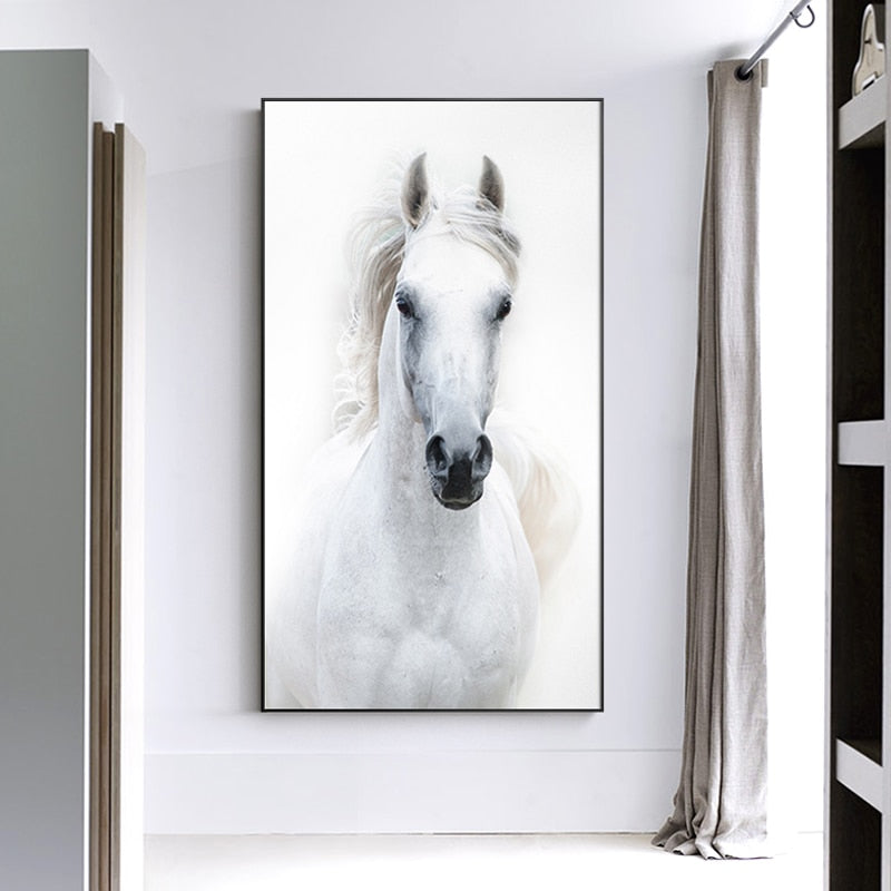 Nordic Style White Horse Canvas White Poster Print Modern Wall Art Pictures - Provence Home Living Store