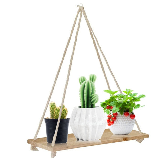 Wooden Rope Swing Wall Hanging Plant Flower Pot Tray Mounted Floating Wall Shelves Nordic Home Decoration Moredn Simple Design - Provence Home Living Store