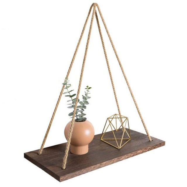 Wooden Rope Swing Wall Hanging Plant Flower Pot Tray Mounted Floating Wall Shelves Nordic Home Decoration Moredn Simple Design - Provence Home Living Store