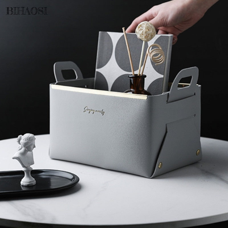 Desktop finishing PU leather storage box household foldable cosmetic storage basket with handle sundry Key Coin decorative plate - Provence Home Living Store