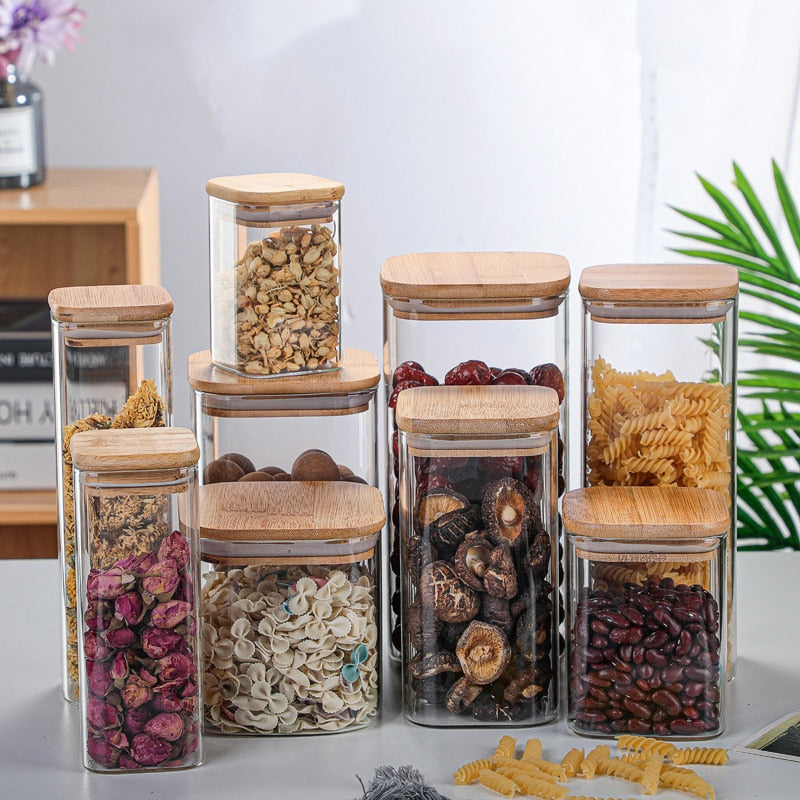 Square Sealed Glass Bottles New Tea Coffee Beans Transparent Glass Storage Boxes Candy and Snack Tins with Bamboo Lid - Provence Home Living Store