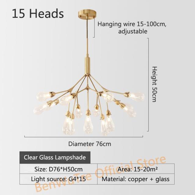 Copper Luxury LED Chandelier Lighting Nordic Dining Living Room Firefly Creative G4 Hanging Lamp Bedroom Home Deco Glass Fixture - Provence Home Living Store